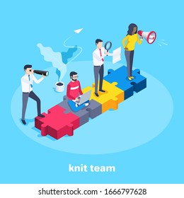 isometric vector image on a blue background, a large folded puzzle with business icons and people with a spyglass and loudspeaker, laptop and magnifier, a team of specialists