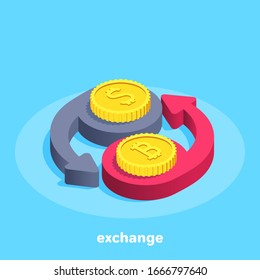 isometric vector image on a blue background, icon in the form of two arrows and gold coins with a dollar and bitcoin, currency exchange