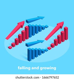 isometric vector image on a blue background, up and down arrows above chart columns, financial statistics