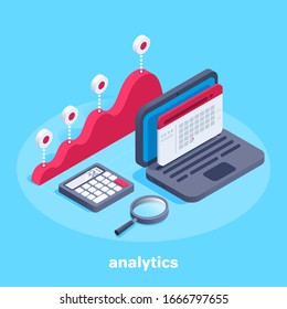 isometric vector image on a blue background, a laptop with a calendar next to a calculator and chart, business analytics