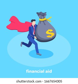 isometric vector image on a blue background, a man in a business suit and a superhero raincoat runs with a big bag of money, fast financial help