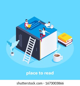 isometric vector image on a blue background, young people on a huge book read and study, a library and a place to read