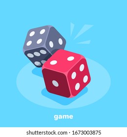 isometric vector image on a blue background, red and black dice, gambling and entertainment