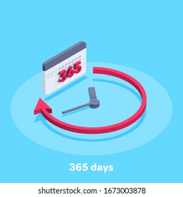 isometric vector image on a blue background, a red arrow running in a circle clockwise and a calendar with the number 365 days, the course of time in the year