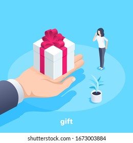 isometric vector image on a blue background, male hand gives a box with a bow to a woman, gift or surprise