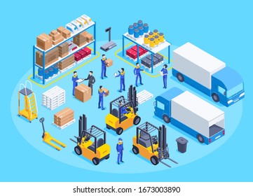 isometric vector image on a blue background, men in work overalls work in a warehouse, a shelf with boxes and canisters, equipment for transportation of goods, truck and loader