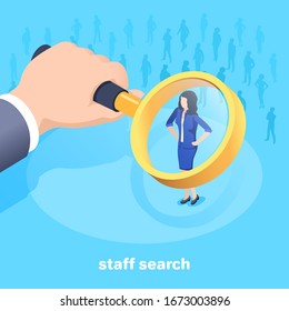 isometric vector image on a blue background, a man in a business suit looks through a magnifying glass at woman, staff recruitment or specialist search