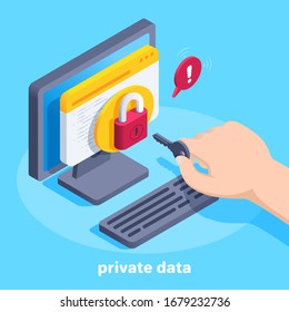 isometric vector image on a blue background, a male hand holds a key in front of the lock on a computer screen, private data
