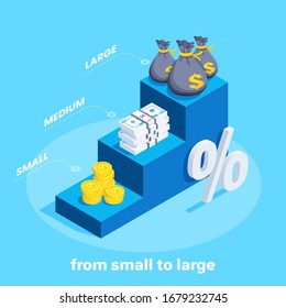 isometric vector image on a blue background, money in the form of coins and bills as well as bags of money on the steps of the chart, financial receipts from small to large