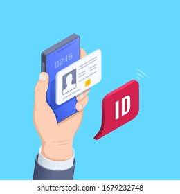 isometric vector image on a blue background, a male hand holds a smartphone on the screen of which ID document