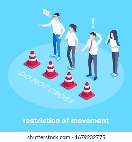 isometric vector image on a blue background, men and women are standing at the cone fence, the passage is closed and movement restrictions