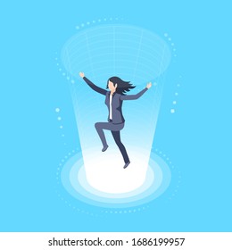 isometric vector image on a blue background, woman inside the portal, virtual reality or teleportation