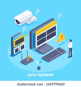 isometric vector image on a blue background, outdoor surveillance camera and viewing devices such as a computer monitor and smartphone, cctv system