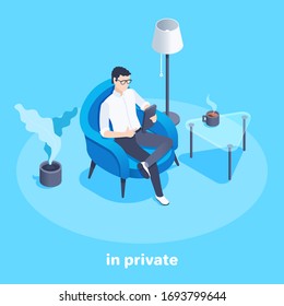 Isometric Vector Image On A Blue Background, A Man Sits In An Armchair And Looks At His Smartphone, In A Private Setting, Work From Home