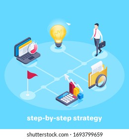 isometric vector image on a blue background, a man in a business suit with a briefcase goes a step-by-step path to the goal, business icons and strategy