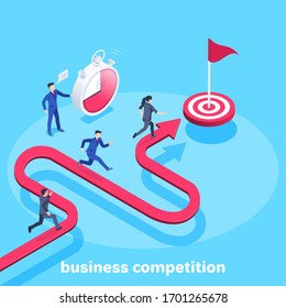 isometric vector image on a blue background, a man and a woman in business suits are running along the winding red arrow to the goal, business training or competition