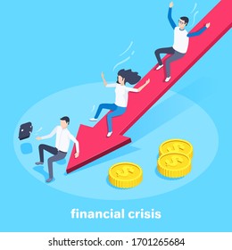 isometric vector image on a blue background, people slide down the big red arrow, financial crisis