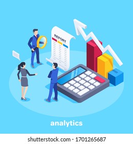 isometric vector image on a blue background, a man and a woman in business clothes are standing in front of a financial document near a calculator and chart, a team of analysts