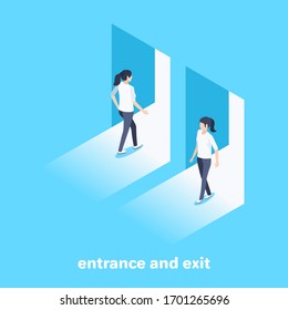 isometric vector image on a blue background, women enter and exit the open door, entrance and exit