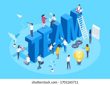 Isometric Vector Image On A Blue Background, The Big Word Team And People Teamwork, Light Bulb And Ladder