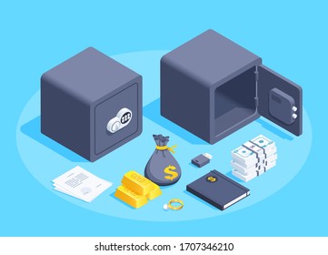 isometric vector image on a blue background, closed and open safe and objects that are stored in it, such as money and securities, as well as gold