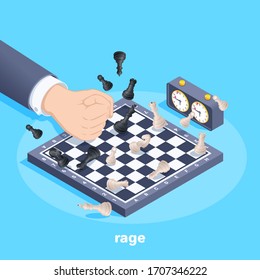 isometric vector image on a blue background, a male hand beats the chessboard and flying chess pieces, a manifestation of aggression or rage