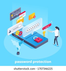 isometric vector image on a blue background, a woman clicks on the authorization button on the smartphone screen, password protection