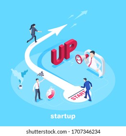 isometric vector image on a blue background, a woman in business clothes runs up the arrow and a man stands at the start, startup or competition
