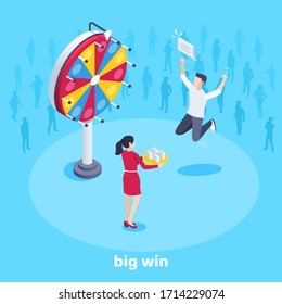 isometric vector image on a blue background, a man won a lot of money in a draw, a wheel of fortune and a big win