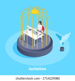 isometric vector image on a blue background, a girl works at a computer while sitting at a desk in a golden cage, work in isolation