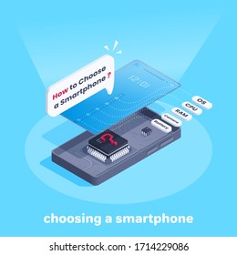 isometric vector image on a blue background, disassembled smartphone with a processor and a memory chip on the board tracks, choosing a smartphone main criteria