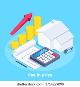 isometric vector image on a blue background, a house next to a calculator and a chart of gold coins with a red arrow going up, rising house prices