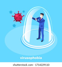 isometric vector image on a blue background, a man in a business suit and medical mask is standing under a glass dome hiding from a coronovirus, virusophobia and tantrum