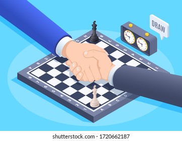 isometric vector image on a blue background, shaking hands over a chessboard, draw or loss in a game or competition