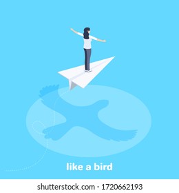 Isometric Vector Image On A Blue Background, A Woman With Spread Arms Flies On A Paper Airplane And Underneath Is The Shadow Of A Flying Bird, Like A Bird