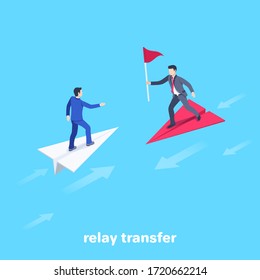 isometric vector image on a blue background, men in business suits fly on paper airplanes to each other to pass the baton flag, relay transfer