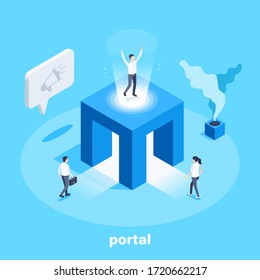 isometric vector image on a blue background, business people enter the portal