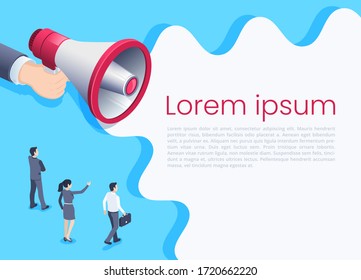 isometric vector image on a blue background, hand with a loudspeaker and people in business clothes reading a message