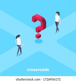 isometric vector image on a blue background, a woman goes to the center of the crossroads where is the red question mark