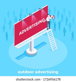 isometric vector image on a blue background, a man in business clothes with a loudspeaker stands on a billboard where the word advertising is printed on a red background, outdoor advertising