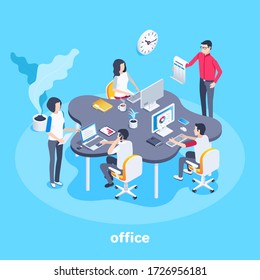 isometric vector image on a blue background, people work in the office at the big curly table, teamwork and workflow