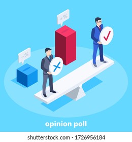 isometric vector image on a blue background, men in business suits are standing on a balancing board with round icons in their hands and the chart columns behind them, true or false, opinion poll