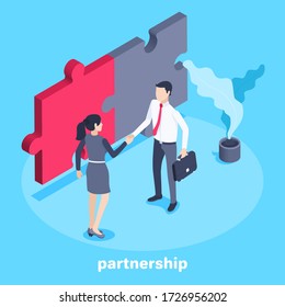 isometric vector image on a blue background, a man in business clothes shakes hands with a woman and then connected pieces of a puzzle, business cooperation and partnership