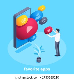 isometric vector image on a blue background, a man in business clothes holds a red bubble with a heart and a smartphone with multi-colored bubbles, favorite apps