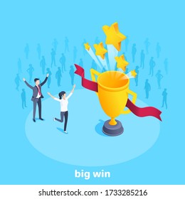 isometric vector image on a blue background, a man and a woman in business clothes rejoice at a big victory next to a gold cup over which stars fly up, big win