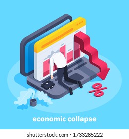 isometric vector image on a blue background, a man in business clothes on his knees, went his head out the window with a chart on a laptop screen and a red arrow pointing down, economic collapse