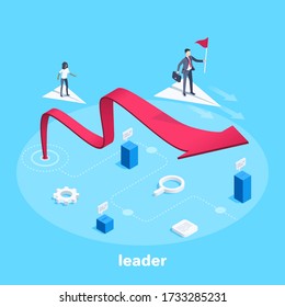 isometric vector image on a blue background, a man in a business suit with a flag flies on a paper plane over a red arrow tending upwards, a leader in business