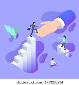 isometric vector image on a blue background, a man in a business suit jumps from the top column of the chart to his outstretched hand, moving to a new level or career takeoff