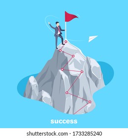 isometric vector image on a blue background, a man in a business suit stands on top of a mountain near the flag and the path to success is in the form of a dotted red line