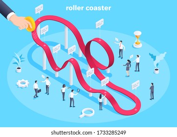 isometric vector image on a blue background, business people and roller coaster chart, male hand holds a gold coin, changing value of money